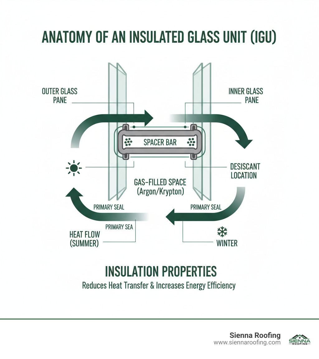 comprehensive infographic showing the anatomy of an insulated glass unit with labeled components including outer and inner glass panes, spacer bar, primary and secondary seals, desiccant location, and gas-filled space with arrows indicating heat flow and insulation properties - glass unit replacement infographic comprehensive infographic showing the anatomy of an insulated glass unit with labeled components including outer and inner glass panes, spacer bar, primary and secondary seals, desiccant location, and gas-filled space with arrows indicating heat flow and insulation properties - glass unit replacement infographic
