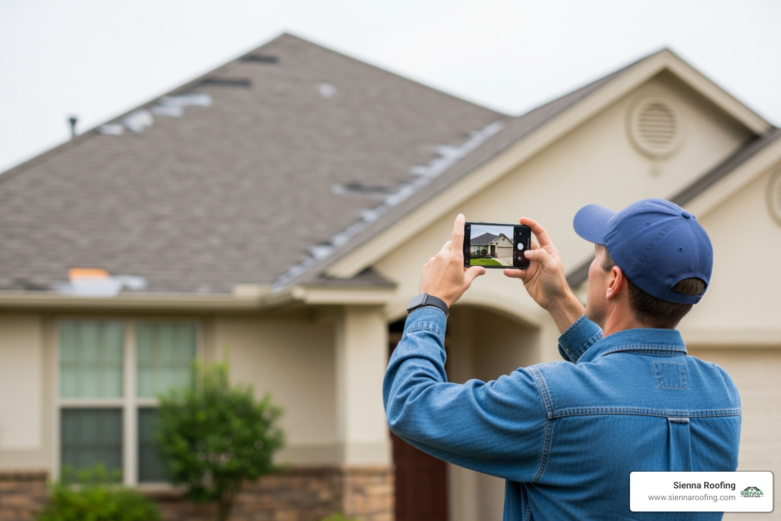 homeowner safely taking photos of their damaged roof from the ground - storm damage restoration service
