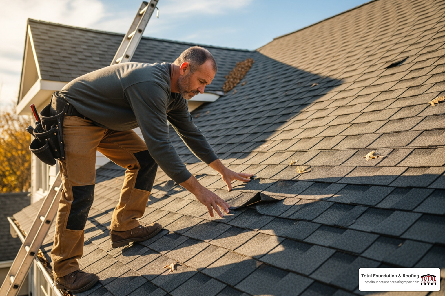 roofer inspecting asphalt shingle roof for maintenance - 50 year asphalt shingles prices