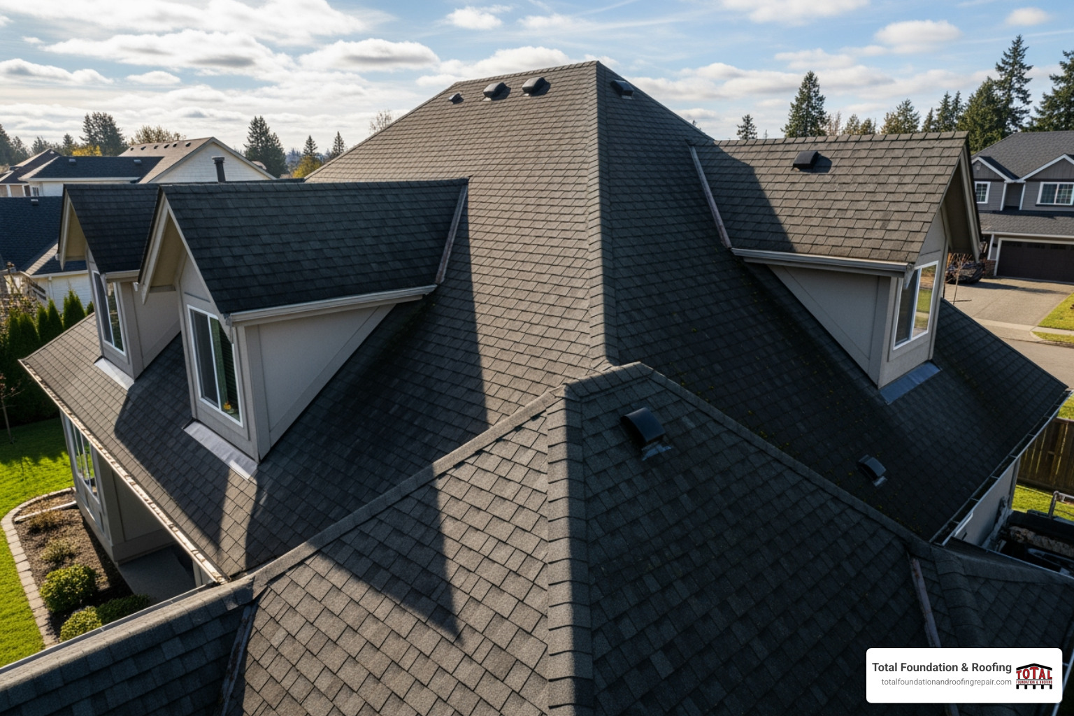 complex roof with multiple valleys and steep pitch - 50 year asphalt shingles prices
