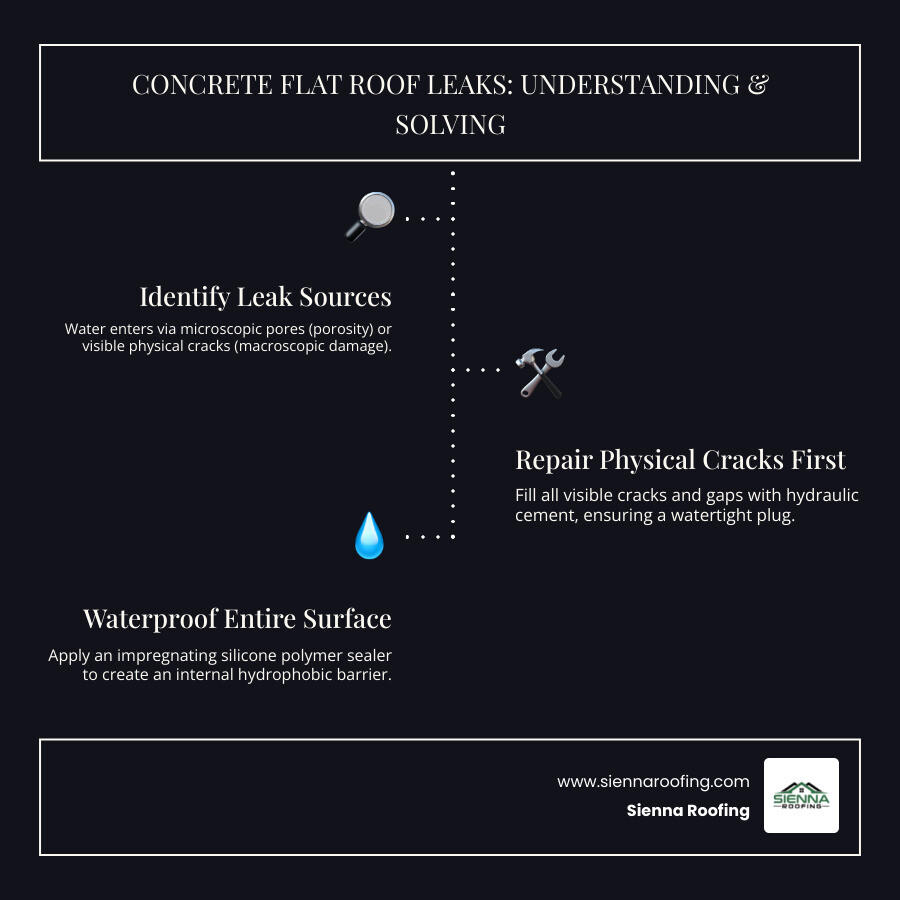 Infographic showing the difference between microscopic pore sealing and physical crack repair on concrete flat roofs, with arrows indicating water penetration through pores versus visible cracks, and the two-step solution process - cement flat roof solution in 2020 infographic infographic-line-3-steps-dark Infographic showing the difference between microscopic pore sealing and physical crack repair on concrete flat roofs, with arrows indicating water penetration through pores versus visible cracks, and the two-step solution process - cement flat roof solution in 2020 infographic infographic-line-3-steps-dark