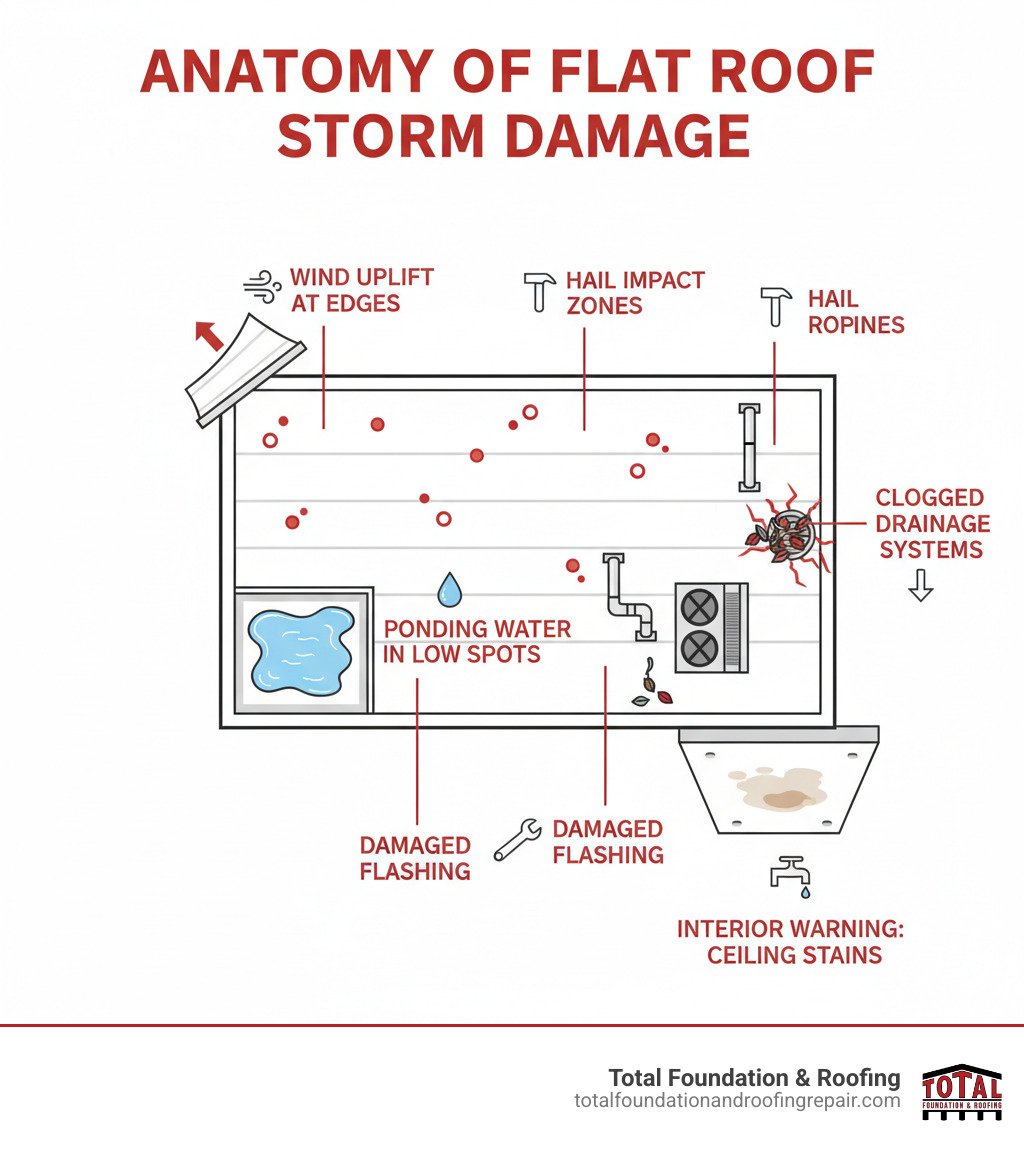 infographic showing the anatomy of flat roof storm damage, including wind uplift at edges, hail impact zones on membrane surface, ponding water in low spots, clogged drainage systems, damaged flashing around penetrations, and common interior warning signs like ceiling stains - Flat roof storm damage infographic infographic showing the anatomy of flat roof storm damage, including wind uplift at edges, hail impact zones on membrane surface, ponding water in low spots, clogged drainage systems, damaged flashing around penetrations, and common interior warning signs like ceiling stains - Flat roof storm damage infographic