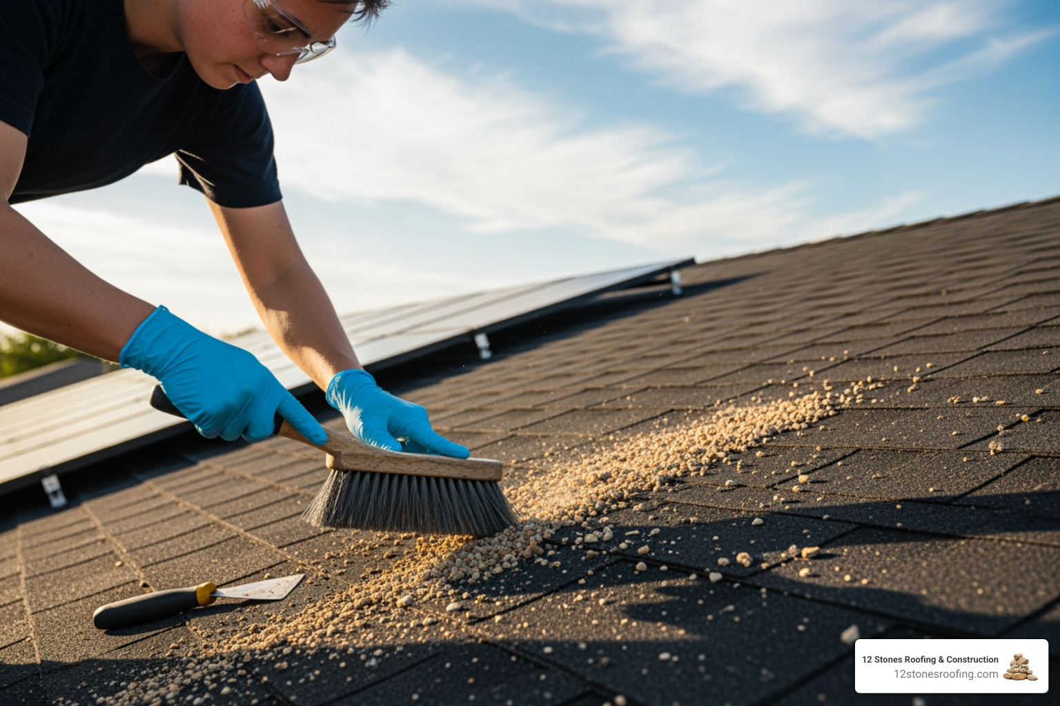 Person wearing safety gloves and glasses preparing a roof surface for patching - bitumen roof patch Person wearing safety gloves and glasses preparing a roof surface for patching - bitumen roof patch