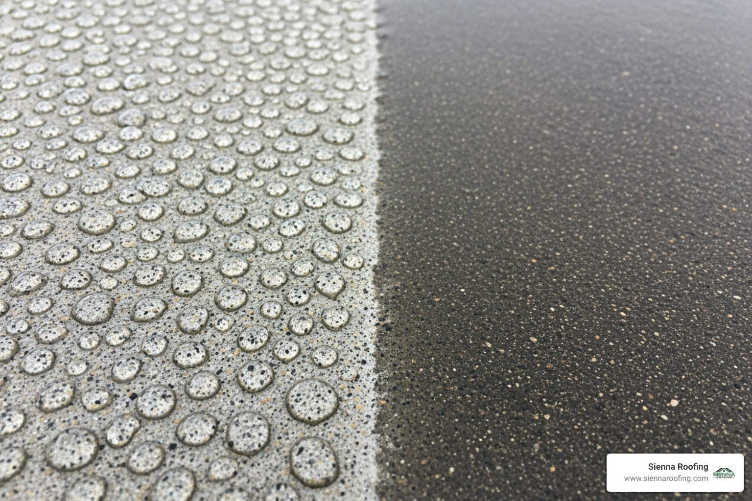 close-up shot showing water beading up on a sealed concrete surface next to a section where water is soaking in - cement flat roof solution in 2020 close-up shot showing water beading up on a sealed concrete surface next to a section where water is soaking in - cement flat roof solution in 2020
