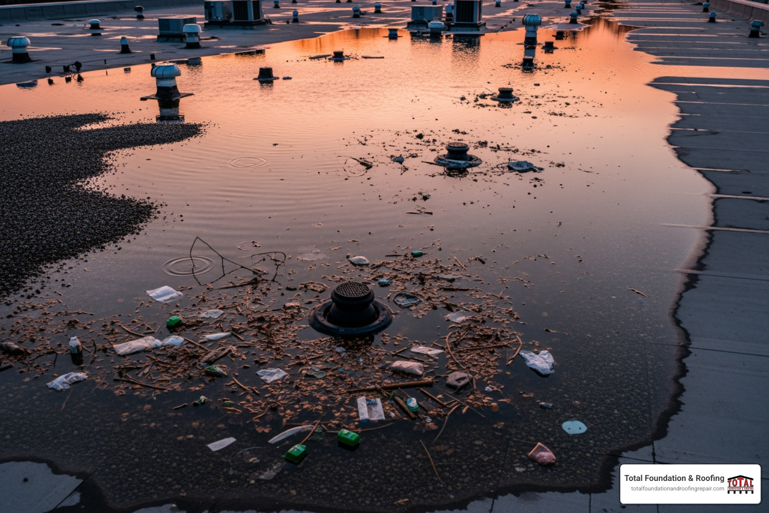 significant ponding water on a flat roof with clogged drains visible - Flat roof storm damage significant ponding water on a flat roof with clogged drains visible - Flat roof storm damage