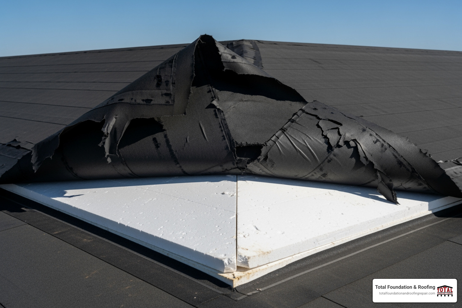 flat roof membrane peeled back at the corner due to wind uplift - Flat roof storm damage flat roof membrane peeled back at the corner due to wind uplift - Flat roof storm damage