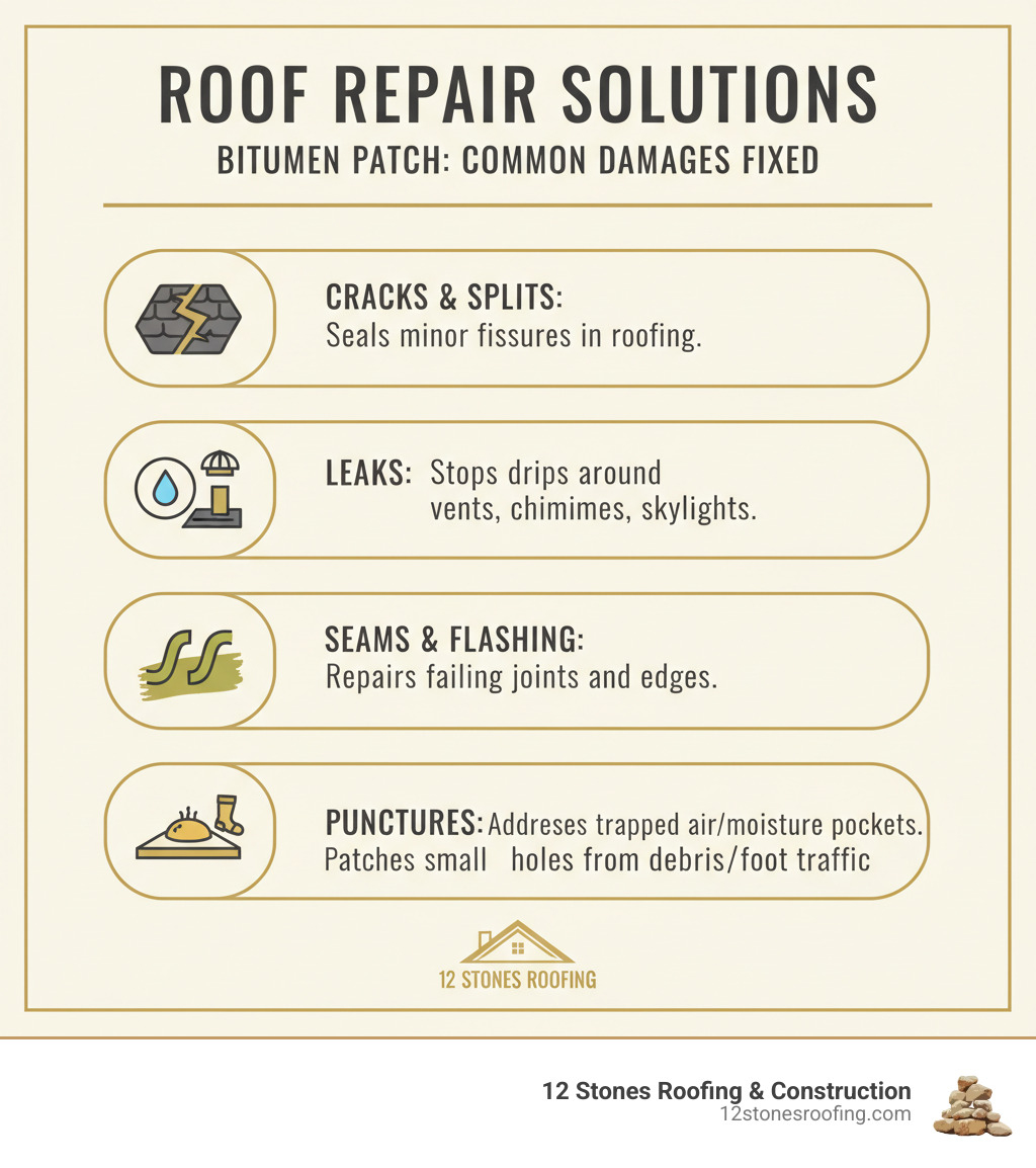 Infographic detailing common roof damages fixed by bitumen patch - bitumen roof patch infographic Infographic detailing common roof damages fixed by bitumen patch - bitumen roof patch infographic
