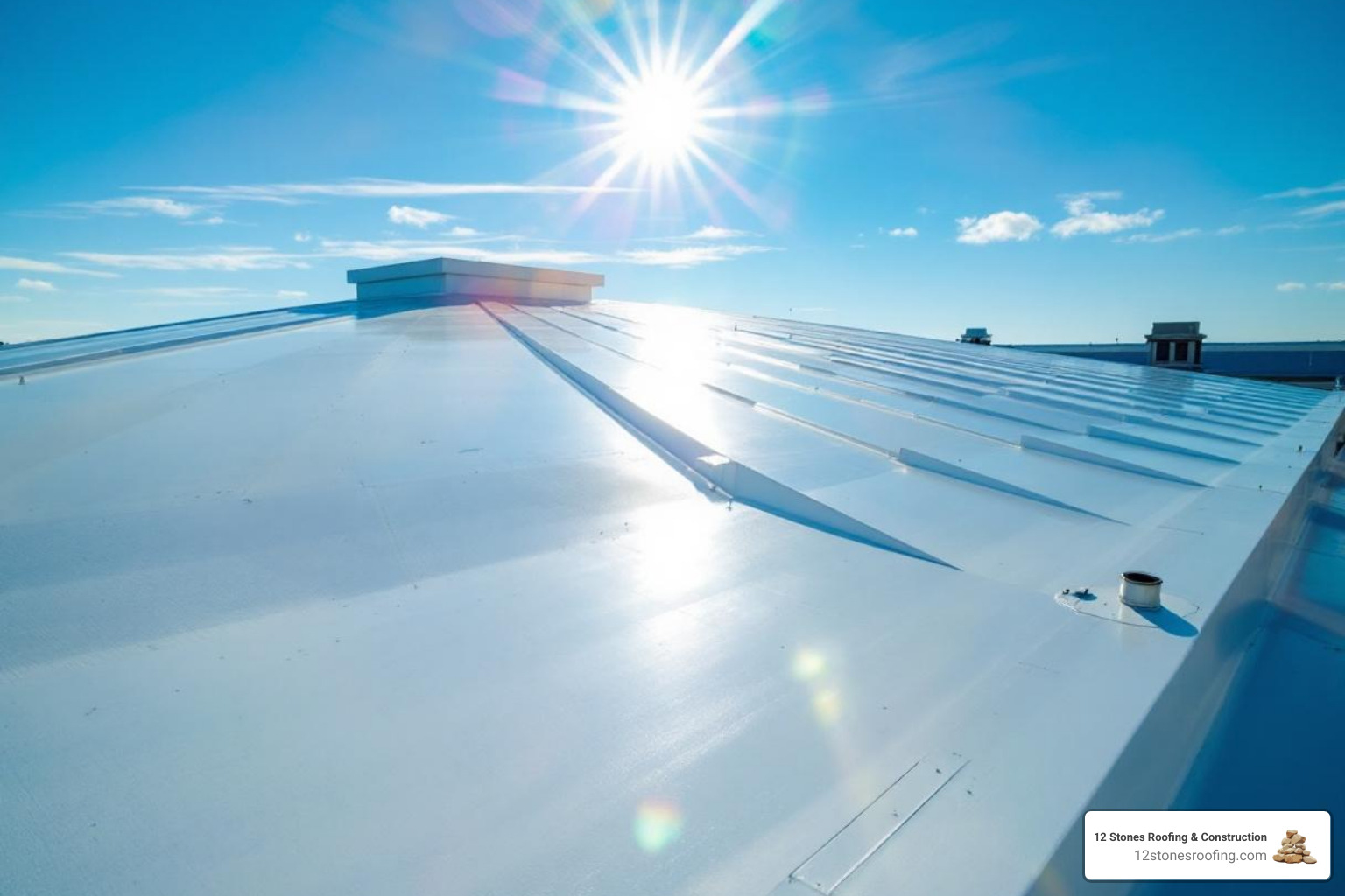 Sun reflecting off a bright white TPO roof - White TPO roofing