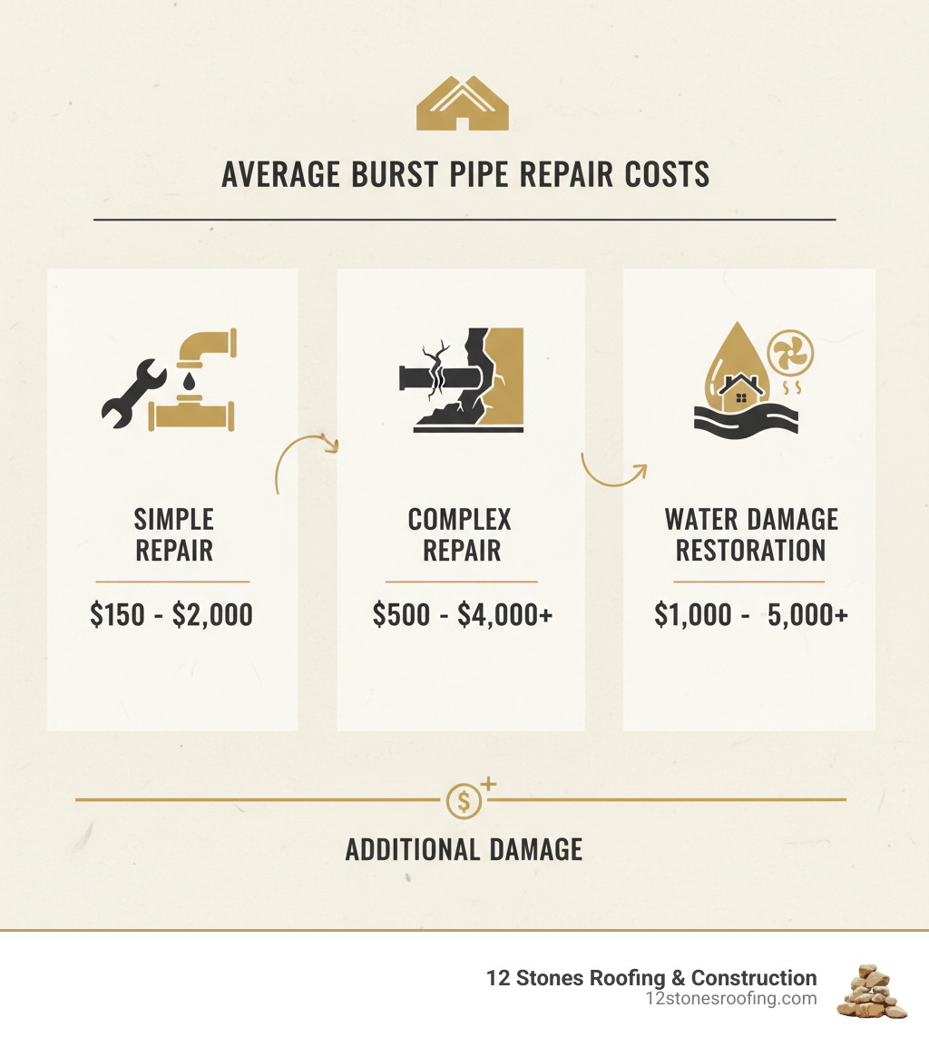 Infographic showing average burst pipe repair costs by complexity and additional damage, including simple repair, complex repair, and water damage restoration. - cost of fixing burst pipe infographic Infographic showing average burst pipe repair costs by complexity and additional damage, including simple repair, complex repair, and water damage restoration. - cost of fixing burst pipe infographic