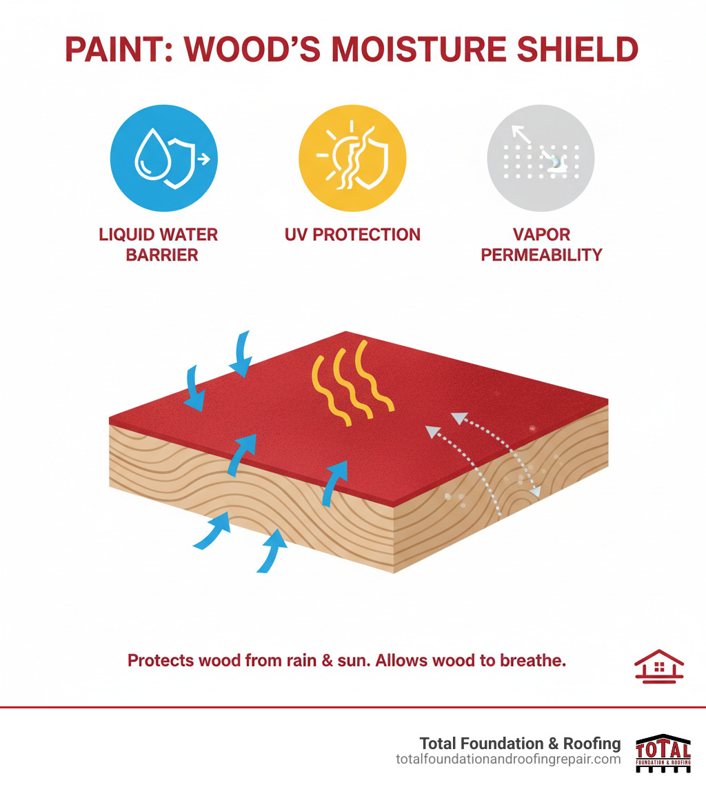 Infographic showing how paint protects wood from moisture, detailing liquid water barrier, UV protection, and vapor permeability - does paint protect wood from moisture infographic 