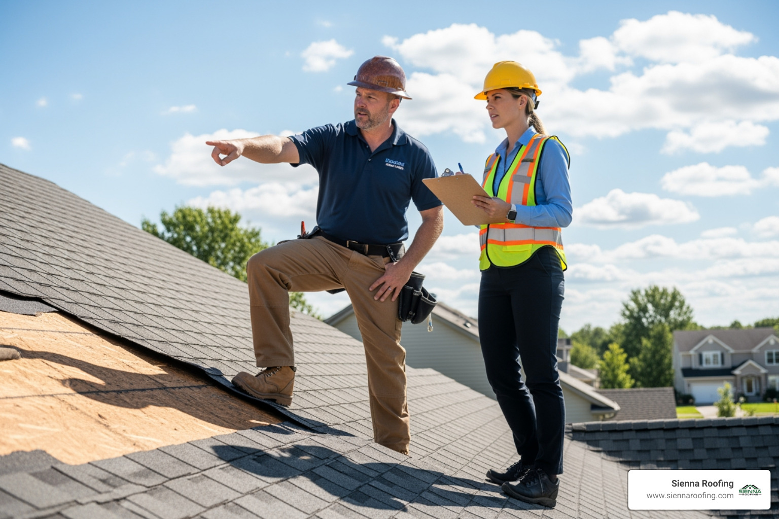 A roofing contractor pointing out damage to an insurance adjuster on a roof. - insurance claim assistance for roofs A roofing contractor pointing out damage to an insurance adjuster on a roof. - insurance claim assistance for roofs