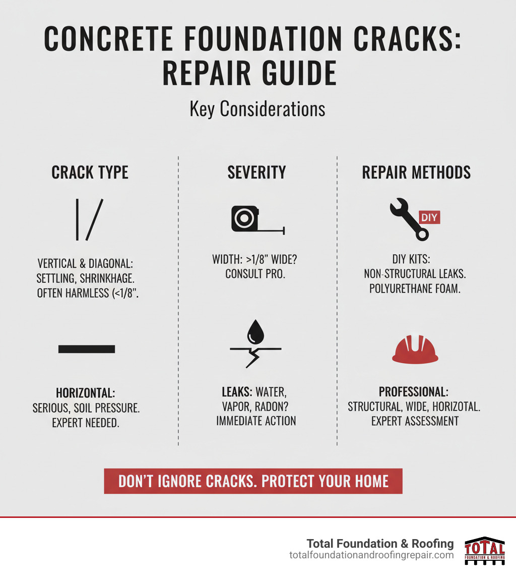 Infographic explaining key considerations for repairing concrete foundation cracks, including crack type, severity, and repair methods. - repairing cracks in concrete foundation infographic Infographic explaining key considerations for repairing concrete foundation cracks, including crack type, severity, and repair methods. - repairing cracks in concrete foundation infographic