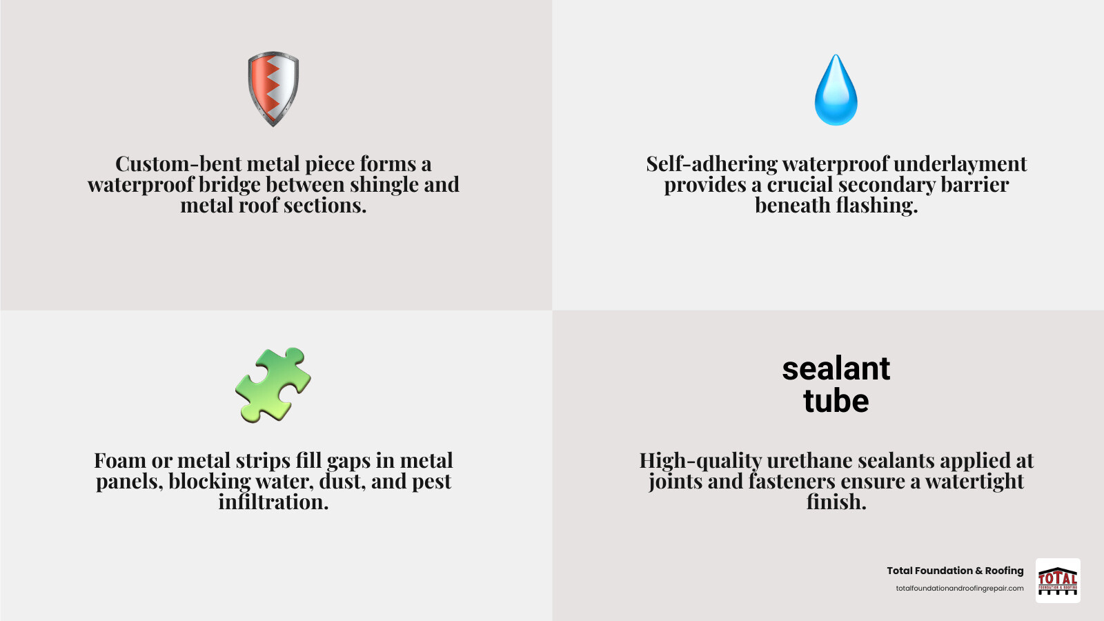 Infographic detailing the key components of a watertight shingle-to-metal roof transition, showing the layers of underlayment, custom-bent transition flashing, closures filling panel gaps, and sealant application at seams and fasteners. - transition flashing shingles to metal infographic 4_facts_emoji_grey