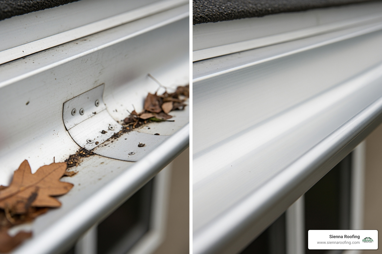 Side-by-side of a minor gutter patch and a seamless gutter installation - local gutter repair