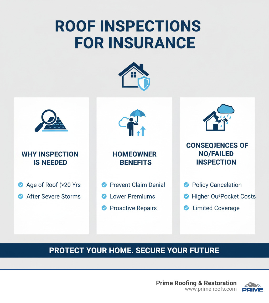 Infographic detailing the importance of roof inspections for insurance, including reasons for inspection, benefits for homeowners, and consequences of a failed inspection. - roof inspection for insurance infographic Infographic detailing the importance of roof inspections for insurance, including reasons for inspection, benefits for homeowners, and consequences of a failed inspection. - roof inspection for insurance infographic