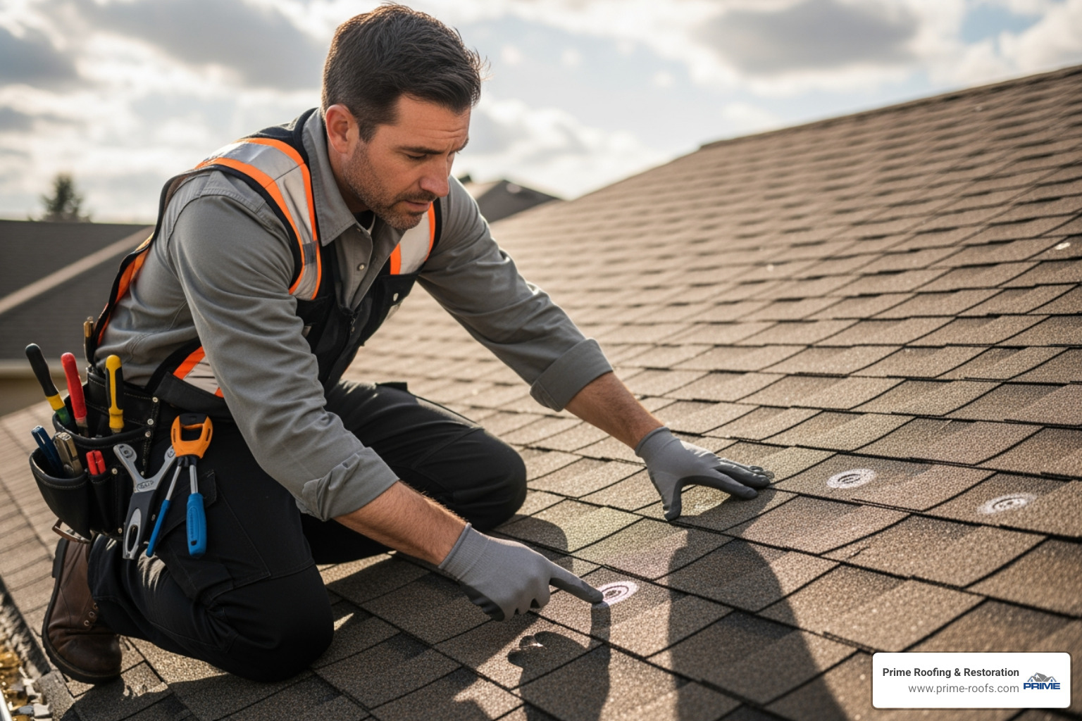 roofing inspector closely examining a shingle for hail damage - roof inspection for insurance roofing inspector closely examining a shingle for hail damage - roof inspection for insurance