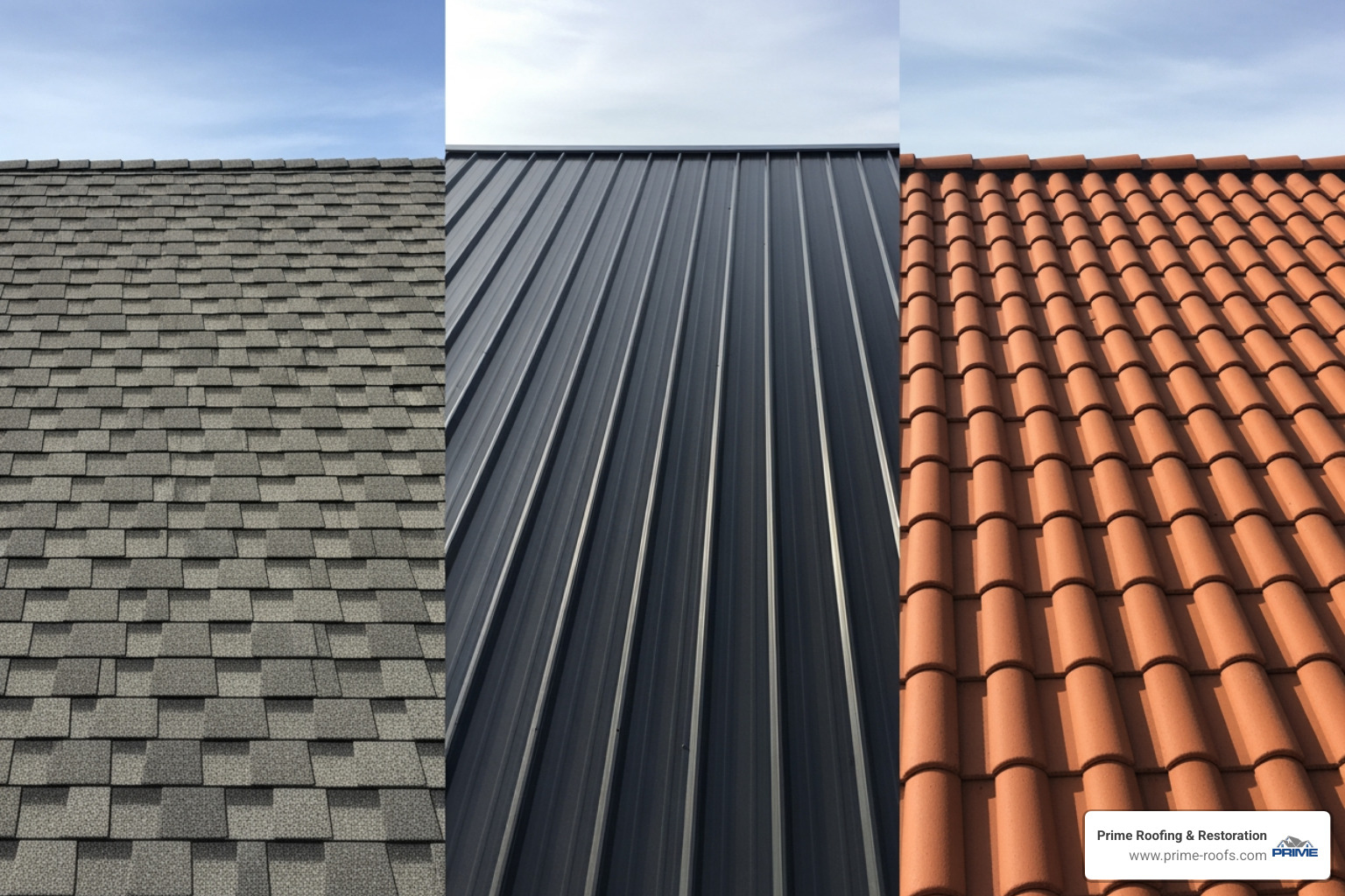 different roof types side-by-side: asphalt shingles, metal, and clay tiles - average price for roof cleaning