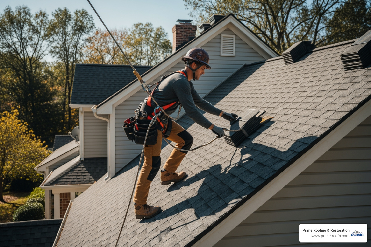 a professional roofer safely working on a steep, two-story roof - average price for roof cleaning