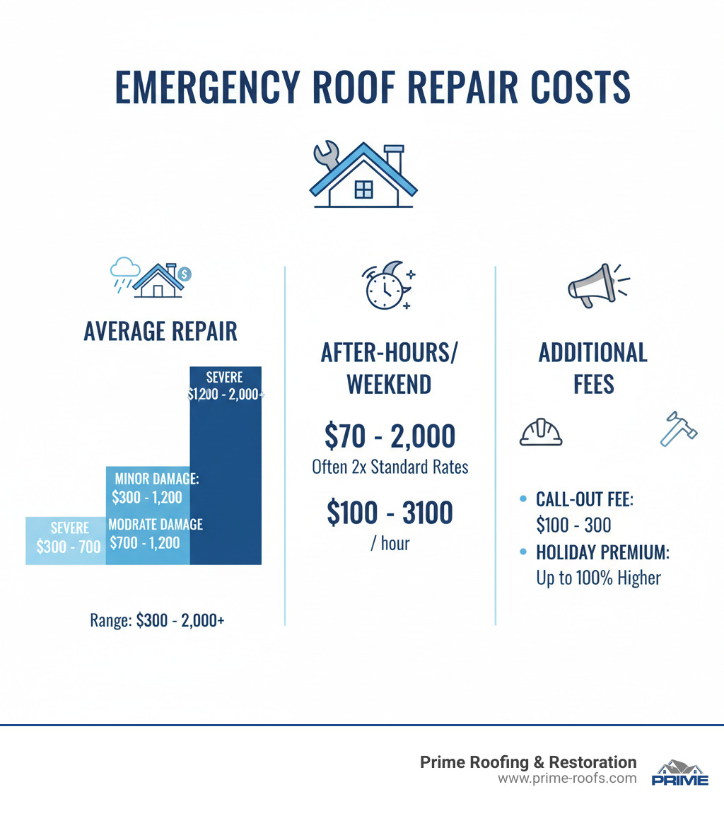 Infographic showing average emergency roof repair costs, including ranges for minor, moderate, and severe damage, as well as after-hours labor and call-out fees. - emergency roofer cost infographic 