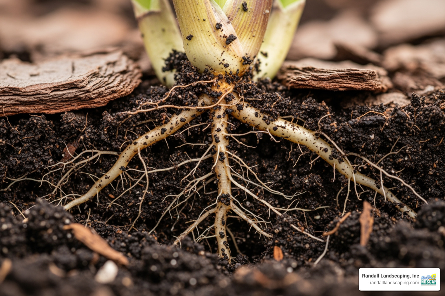 healthy plant roots in rich, mulched soil - blow in bark