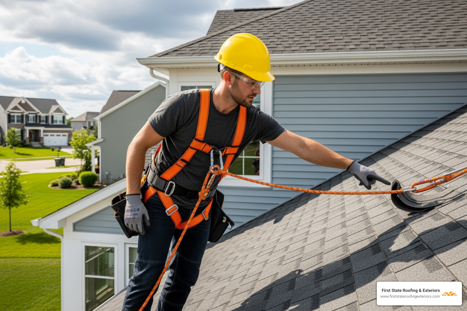A roofer wearing a safety harness inspecting a roof for damage - local roofers Dover