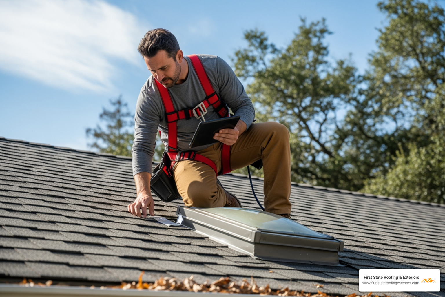 A professional roofer in a safety harness on a roof, performing an inspection - local roofers Dover