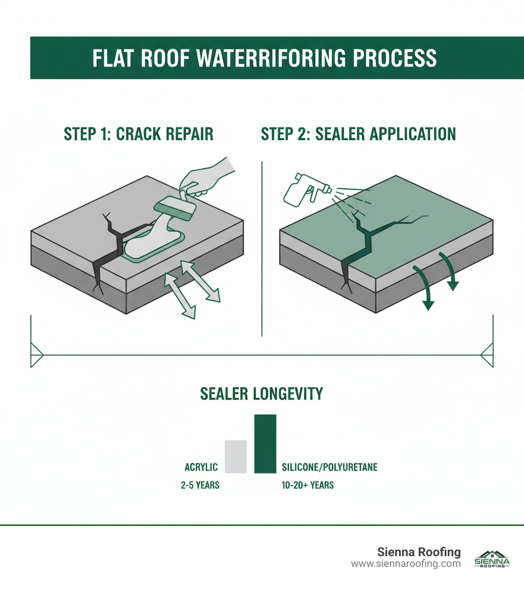 Detailed infographic illustrating the complete cement flat roof waterproofing process: Step 1 shows crack identification and hydraulic cement repair with expansion arrows, Step 2 shows two-coat impregnating sealer application with penetration depth indicators, plus a comparison chart of sealer types and their longevity in years - cement flat roof solution in 2020 infographic Detailed infographic illustrating the complete cement flat roof waterproofing process: Step 1 shows crack identification and hydraulic cement repair with expansion arrows, Step 2 shows two-coat impregnating sealer application with penetration depth indicators, plus a comparison chart of sealer types and their longevity in years - cement flat roof solution in 2020 infographic