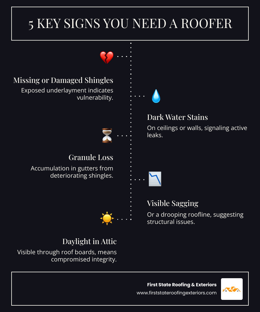 Infographic showing 5 key signs you need a roofer: 1) Missing or damaged shingles with exposed underlayment, 2) Dark water stains on ceilings or walls indicating leaks, 3) Granule loss in gutters from deteriorating shingles, 4) Visible sagging or drooping roofline, 5) Daylight visible through roof boards in attic - local roofing solutions infographic infographic-line-5-steps-dark