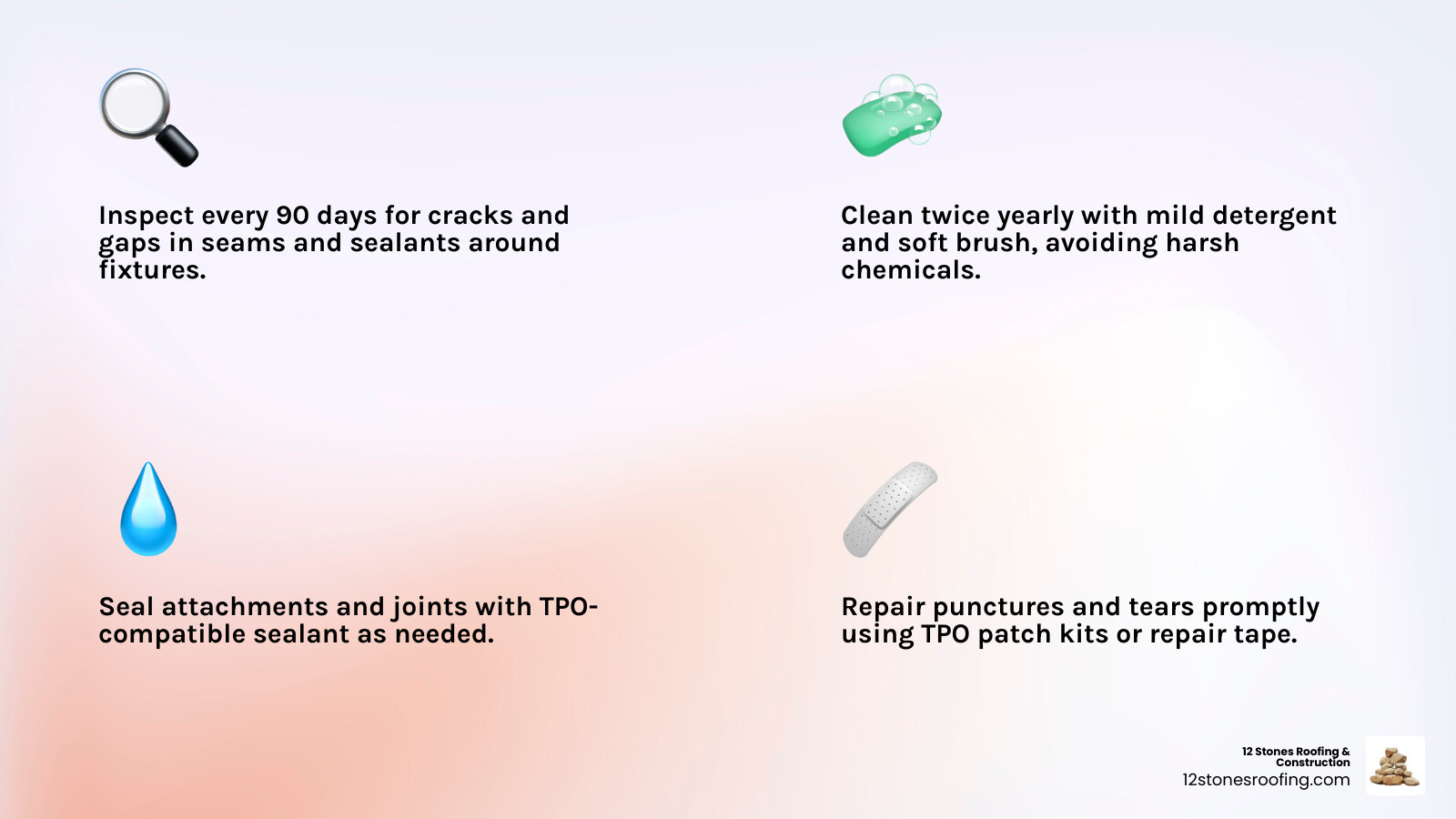 TPO RV Roof Maintenance Pillars infographic showing four key steps: Inspect every 90 days for cracks and gaps in seams and sealants around fixtures; Clean twice yearly with mild detergent and soft brush avoiding harsh chemicals; Seal attachments and joints with TPO-compatible sealant as needed; Repair punctures and tears promptly using TPO patch kits or repair tape - tpo roof maintenance rv infographic 4_facts_emoji_light-gradient TPO RV Roof Maintenance Pillars infographic showing four key steps: Inspect every 90 days for cracks and gaps in seams and sealants around fixtures; Clean twice yearly with mild detergent and soft brush avoiding harsh chemicals; Seal attachments and joints with TPO-compatible sealant as needed; Repair punctures and tears promptly using TPO patch kits or repair tape - tpo roof maintenance rv infographic 4_facts_emoji_light-gradient