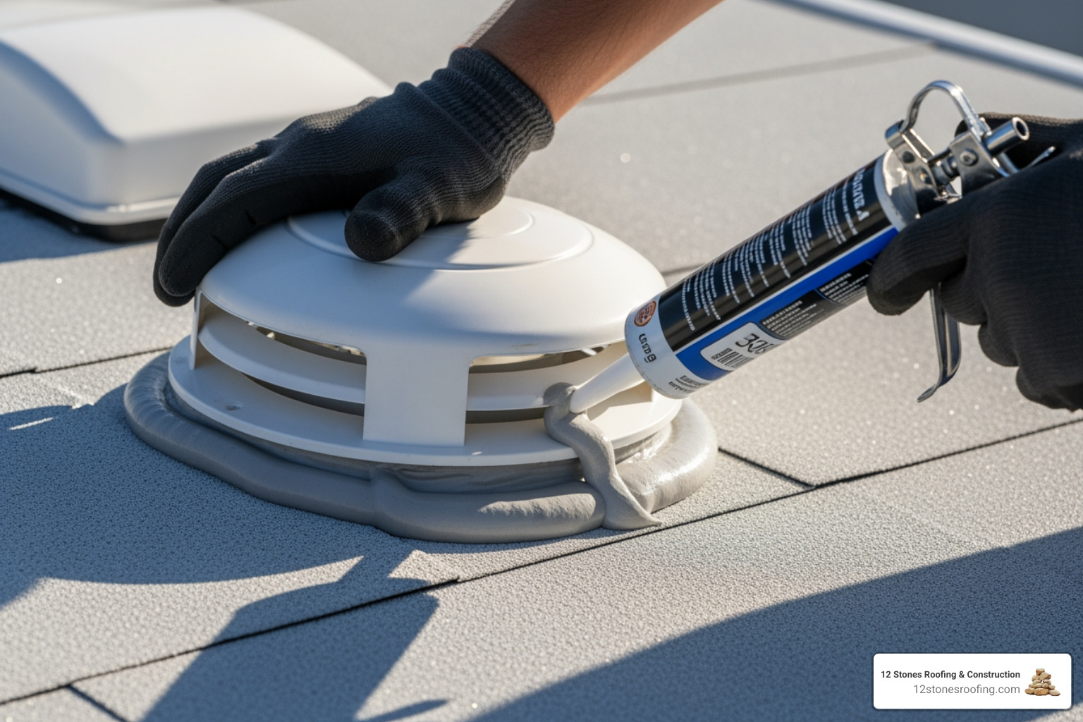 A person applying self-leveling sealant around an RV vent - tpo roof maintenance rv A person applying self-leveling sealant around an RV vent - tpo roof maintenance rv
