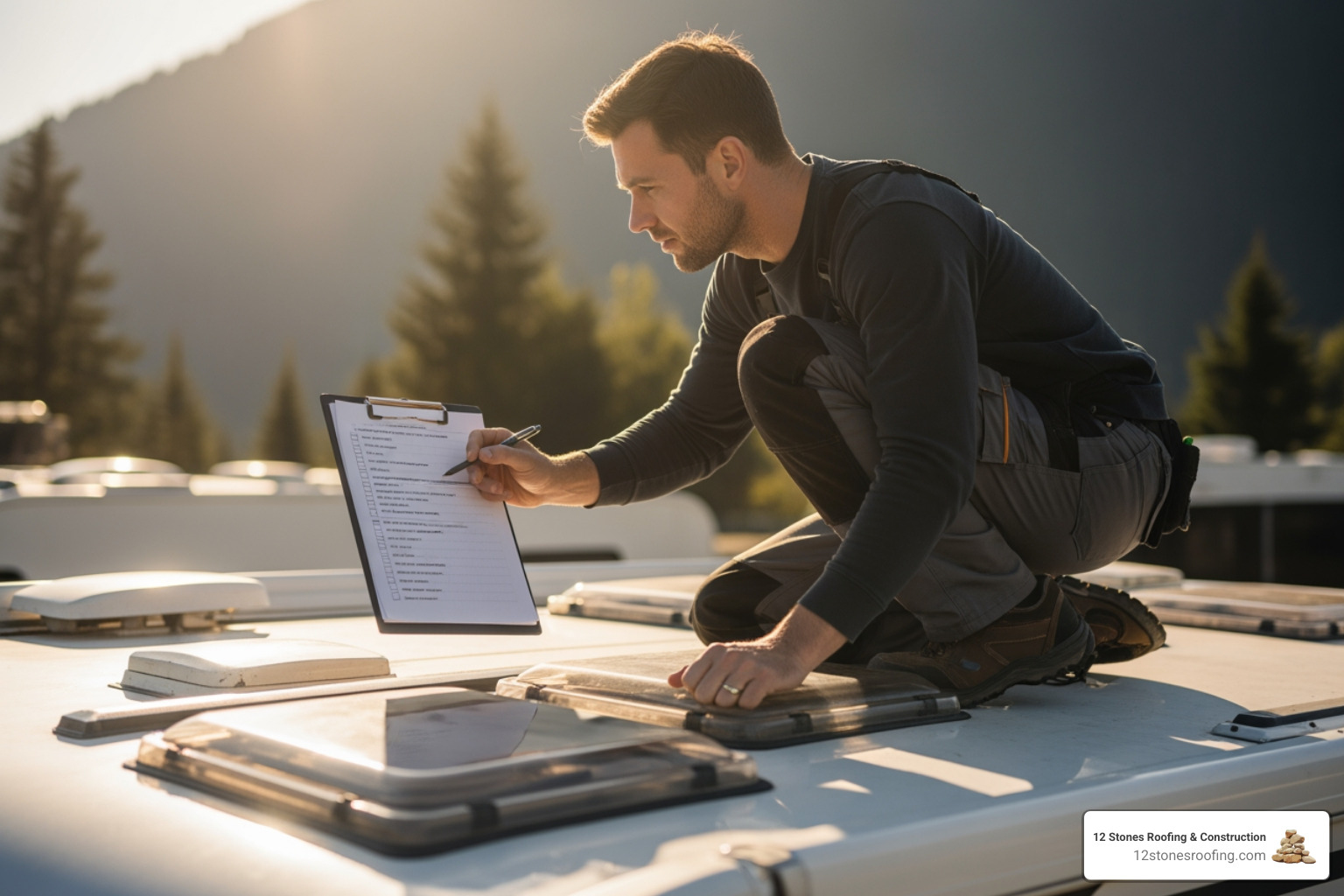 RV owner inspecting their roof with a checklist - tpo roof maintenance rv RV owner inspecting their roof with a checklist - tpo roof maintenance rv