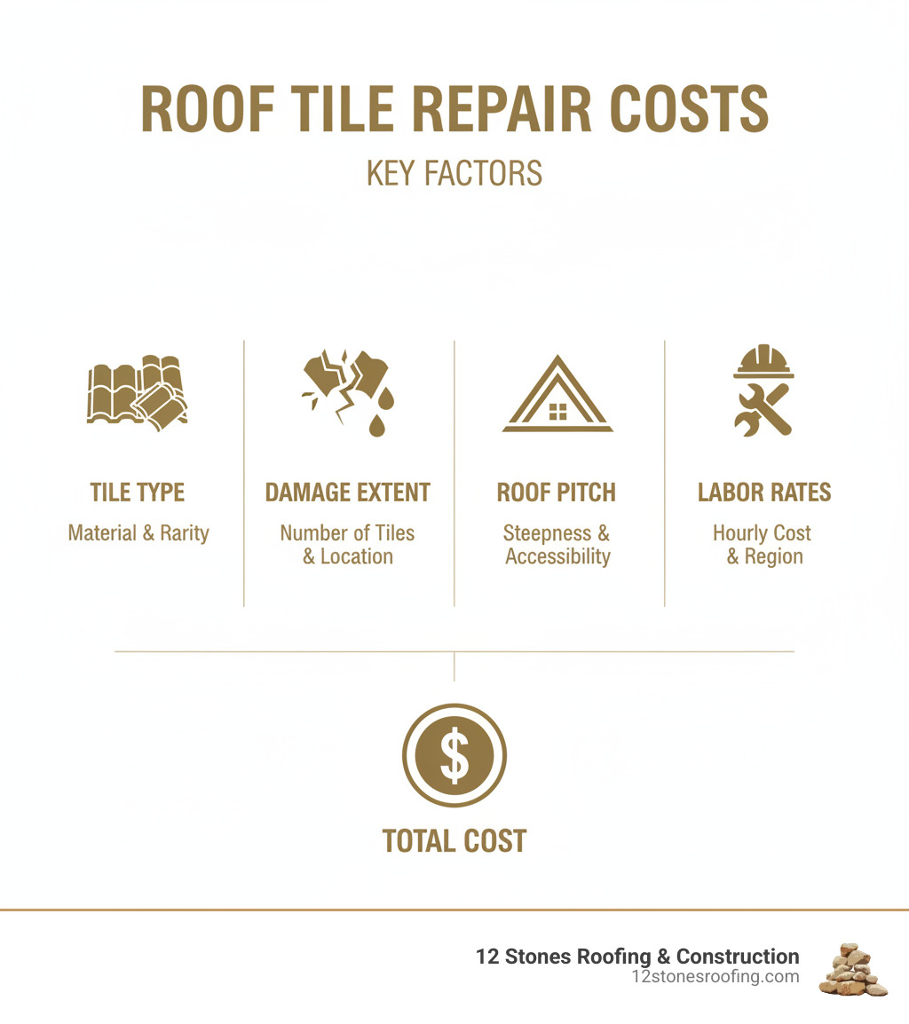 Infographic explaining key factors influencing broken roof tile repair costs, including tile type, damage extent, roof pitch, and labor rates - broken roof tile repair cost infographic 