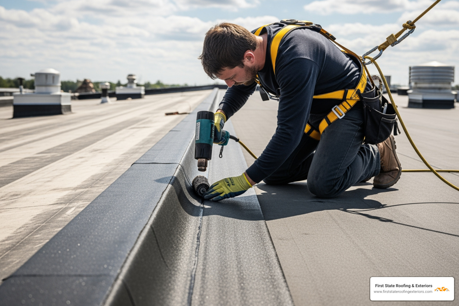 roofer using safety harness to seal an EPDM seam - epdm roofs seaford