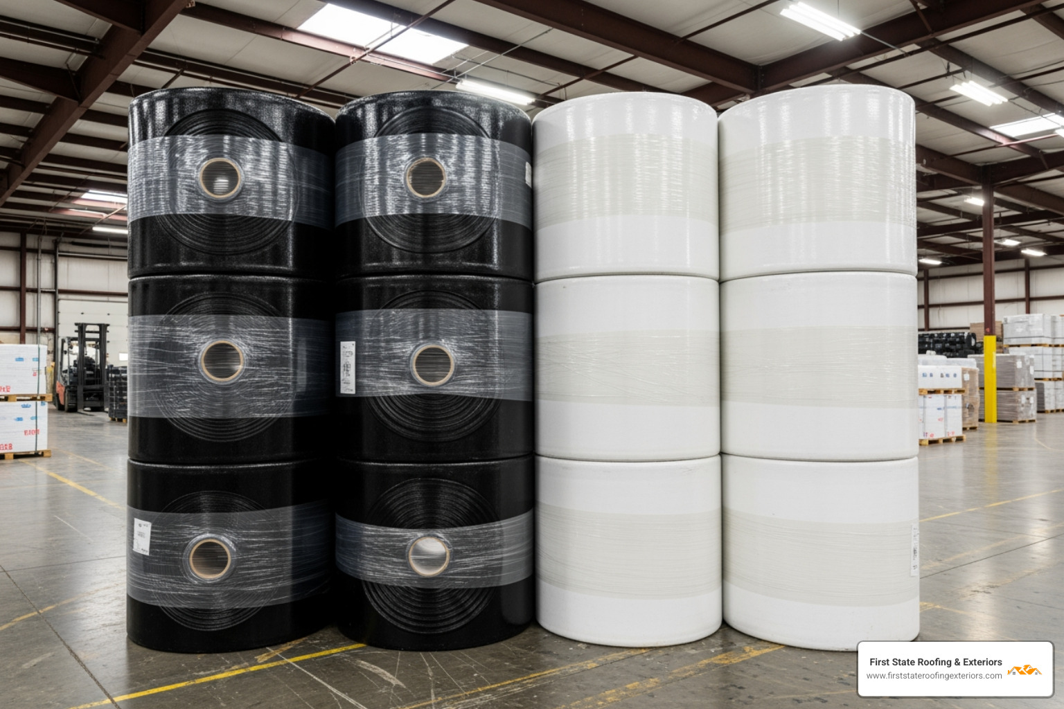 rolls of black and white EPDM membranes - epdm roofs seaford