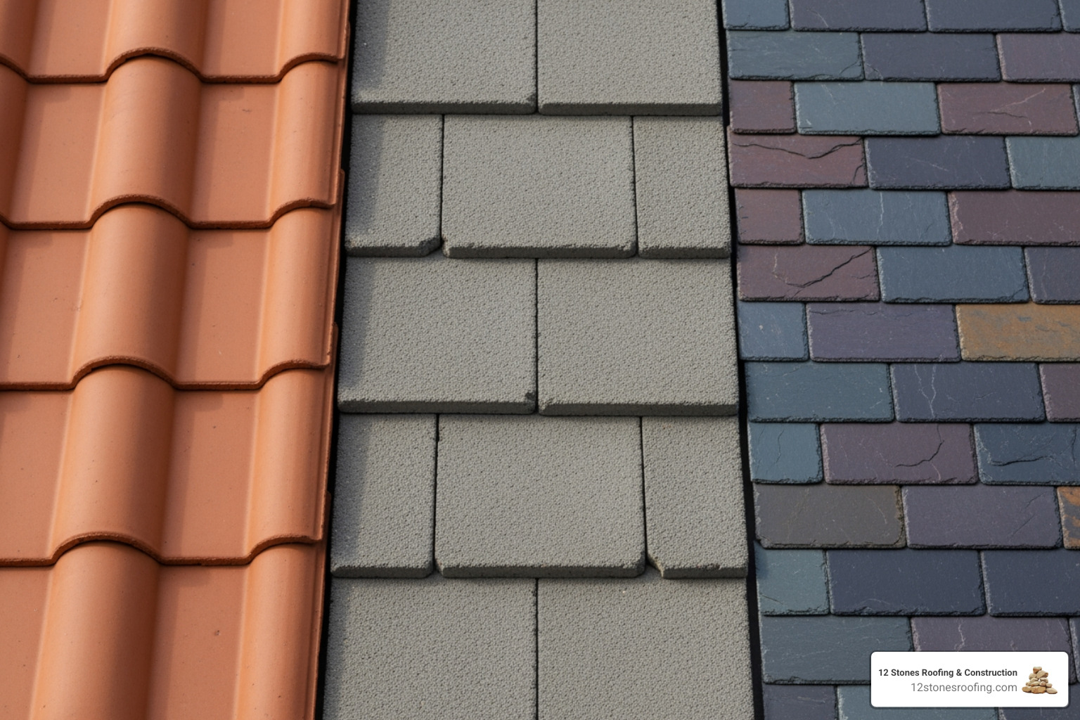 different roof tiles side-by-side: clay, concrete, and slate - broken roof tile repair cost