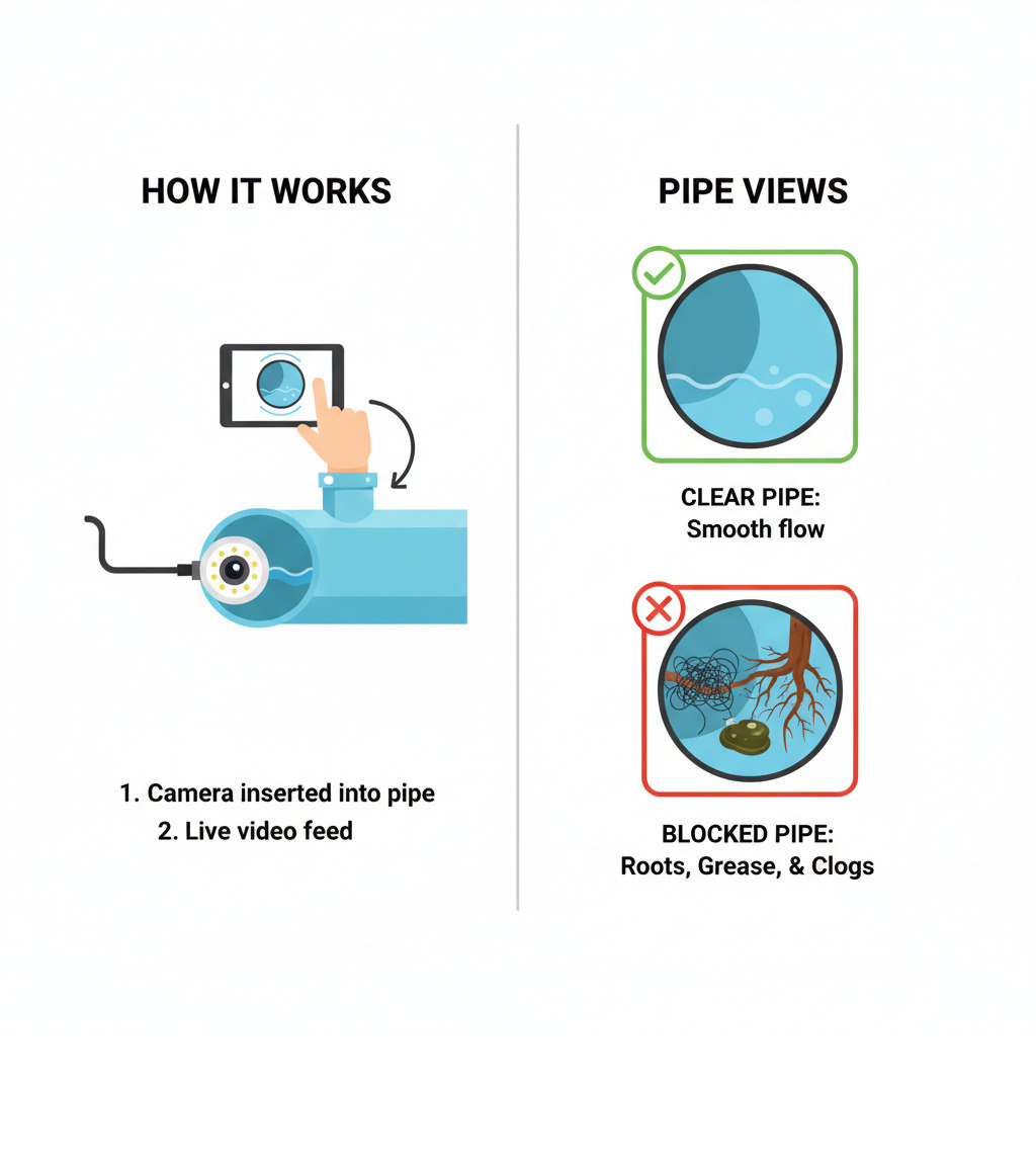 Infographic showing how a sewer camera is fed into a pipe and images of clear vs. blocked pipes - plumbers near me with cameras infographic 