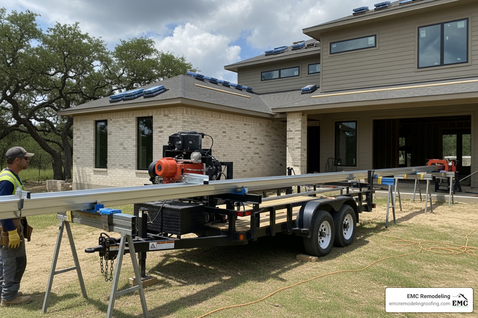 A specialized gutter machine on-site extruding a continuous seamless gutter, ready for custom installation on a residential property in Central Texas. - residential seamless gutters A specialized gutter machine on-site extruding a continuous seamless gutter, ready for custom installation on a residential property in Central Texas. - residential seamless gutters