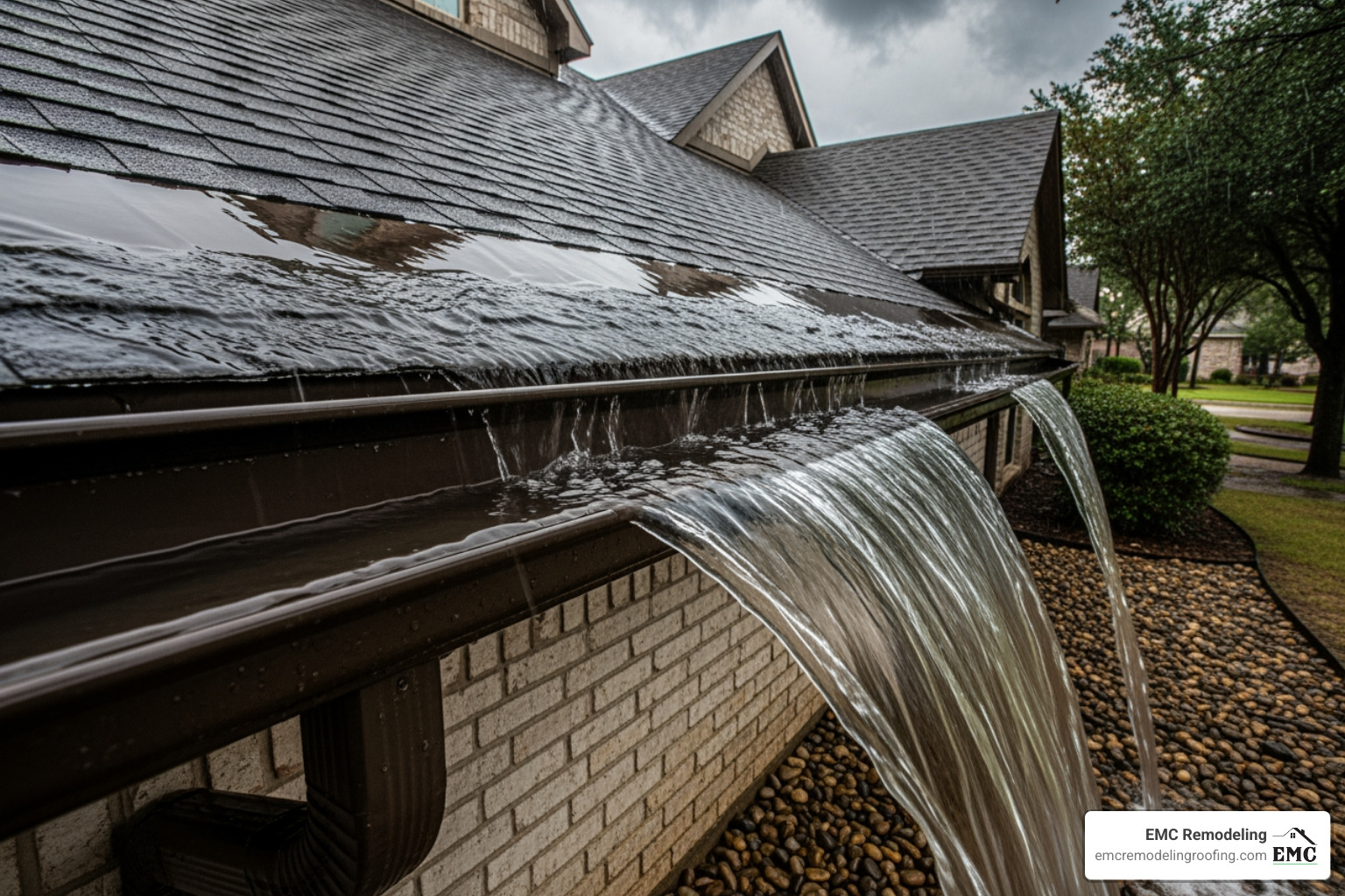 Rainwater flowing smoothly through a seamless gutter system on a residential home during a heavy Texas storm, demonstrating efficient water diversion and protection. - residential seamless gutters Rainwater flowing smoothly through a seamless gutter system on a residential home during a heavy Texas storm, demonstrating efficient water diversion and protection. - residential seamless gutters