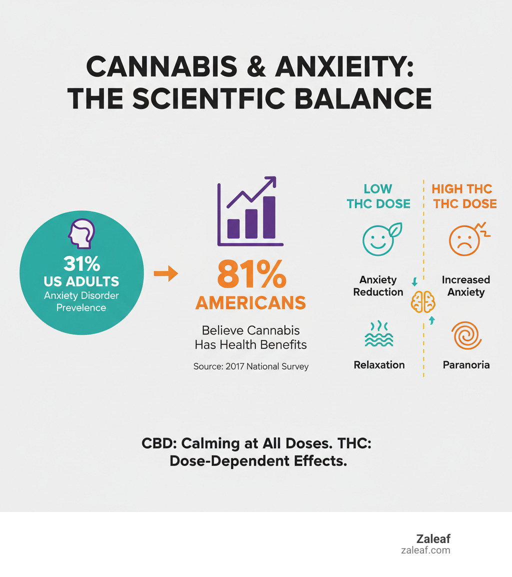 infographic showing anxiety disorder prevalence at 31% of US adults, 81% of Americans believing cannabis has health benefits, and the key differences between THC effects at low doses versus high doses on anxiety symptoms - is cannabis good for anxiety infographic 
