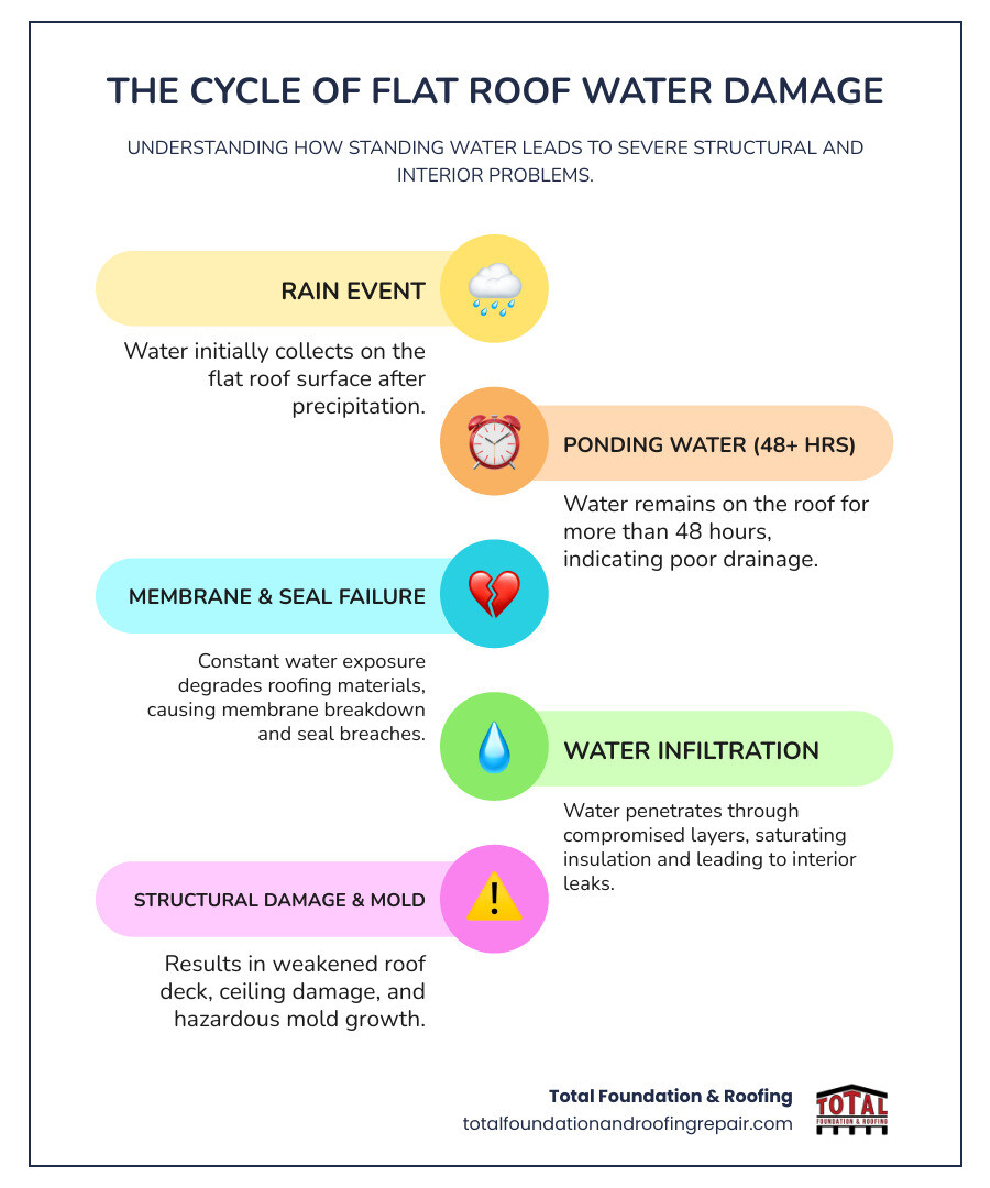 infographic showing the progression of flat roof water damage: rain event leads to ponding water after 48 hours, which causes roof membrane breakdown and seal failure, resulting in water infiltration that damages insulation and ceiling, ultimately leading to mold growth and structural damage - Flat roof water damage infographic infographic-line-5-steps-colors