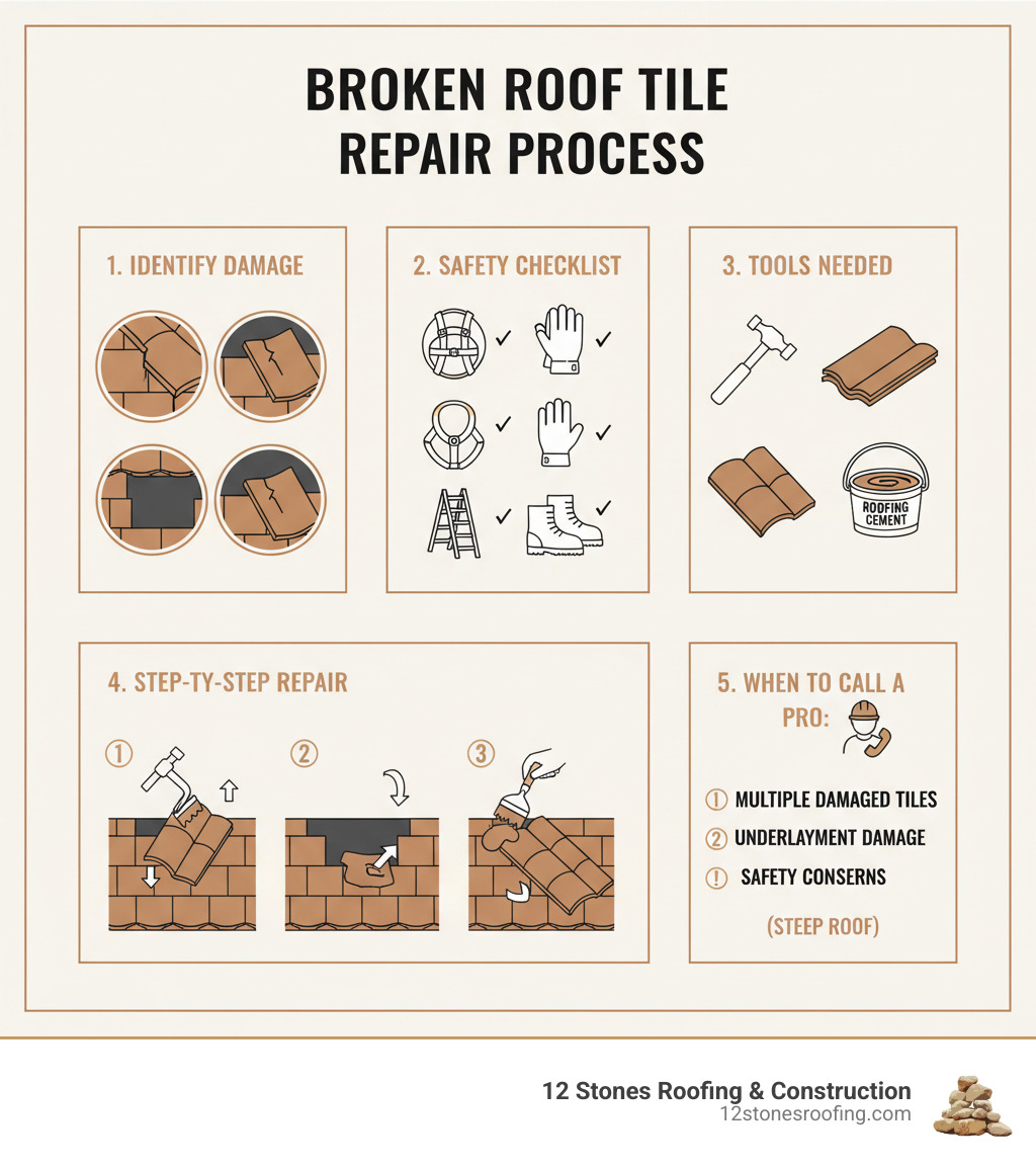 Infographic showing the complete broken roof tile repair process: 1) Identify damage with close-up images of cracked, missing, and displaced tiles; 2) Safety checklist with icons for harness, ladder, gloves, and non-slip shoes; 3) Tools needed including pry bar, hammer, replacement tile, and roofing cement; 4) Step-by-step repair illustrated with numbered diagrams showing tile removal, underlayment inspection, adhesive application, and new tile installation; 5) Warning signs that indicate when to call a professional, such as multiple damaged tiles, underlayment damage, or safety concerns - broken roof tile repair infographic 