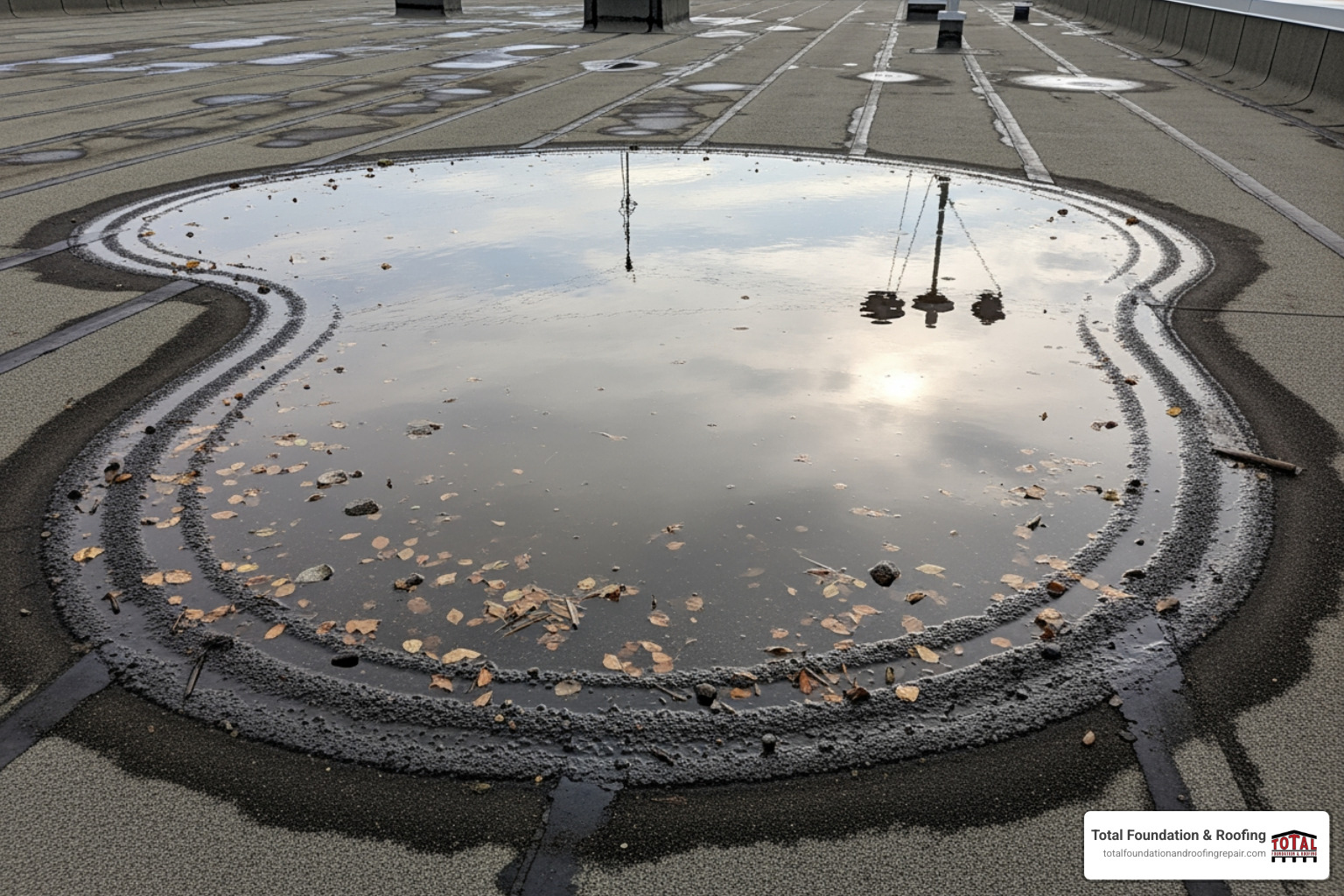 large puddle of standing water on a commercial flat roof, showing dirt rings - Flat roof water damage