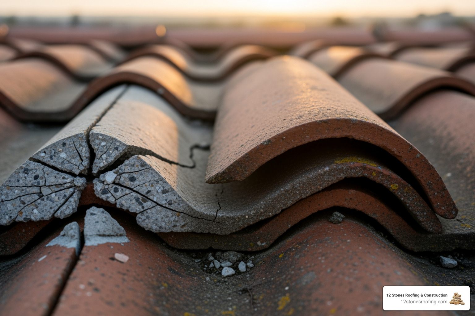 Image of a cracked concrete roof tile next to a dislodged clay tile. - broken roof tile repair