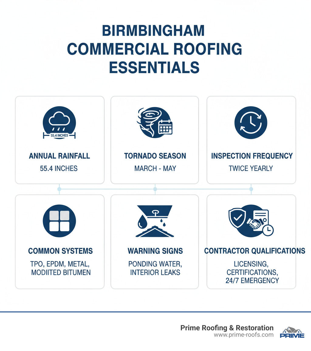 Infographic showing Birmingham commercial roofing essentials: annual rainfall of 55.4 inches, tornado season March-May, recommended inspection frequency of twice yearly, common roofing systems including TPO, EPDM, metal, and modified bitumen, key warning signs like ponding water and interior leaks, and critical contractor qualifications including licensing, manufacturer certifications, and 24/7 emergency response - commercial roofers birmingham al infographic Infographic showing Birmingham commercial roofing essentials: annual rainfall of 55.4 inches, tornado season March-May, recommended inspection frequency of twice yearly, common roofing systems including TPO, EPDM, metal, and modified bitumen, key warning signs like ponding water and interior leaks, and critical contractor qualifications including licensing, manufacturer certifications, and 24/7 emergency response - commercial roofers birmingham al infographic