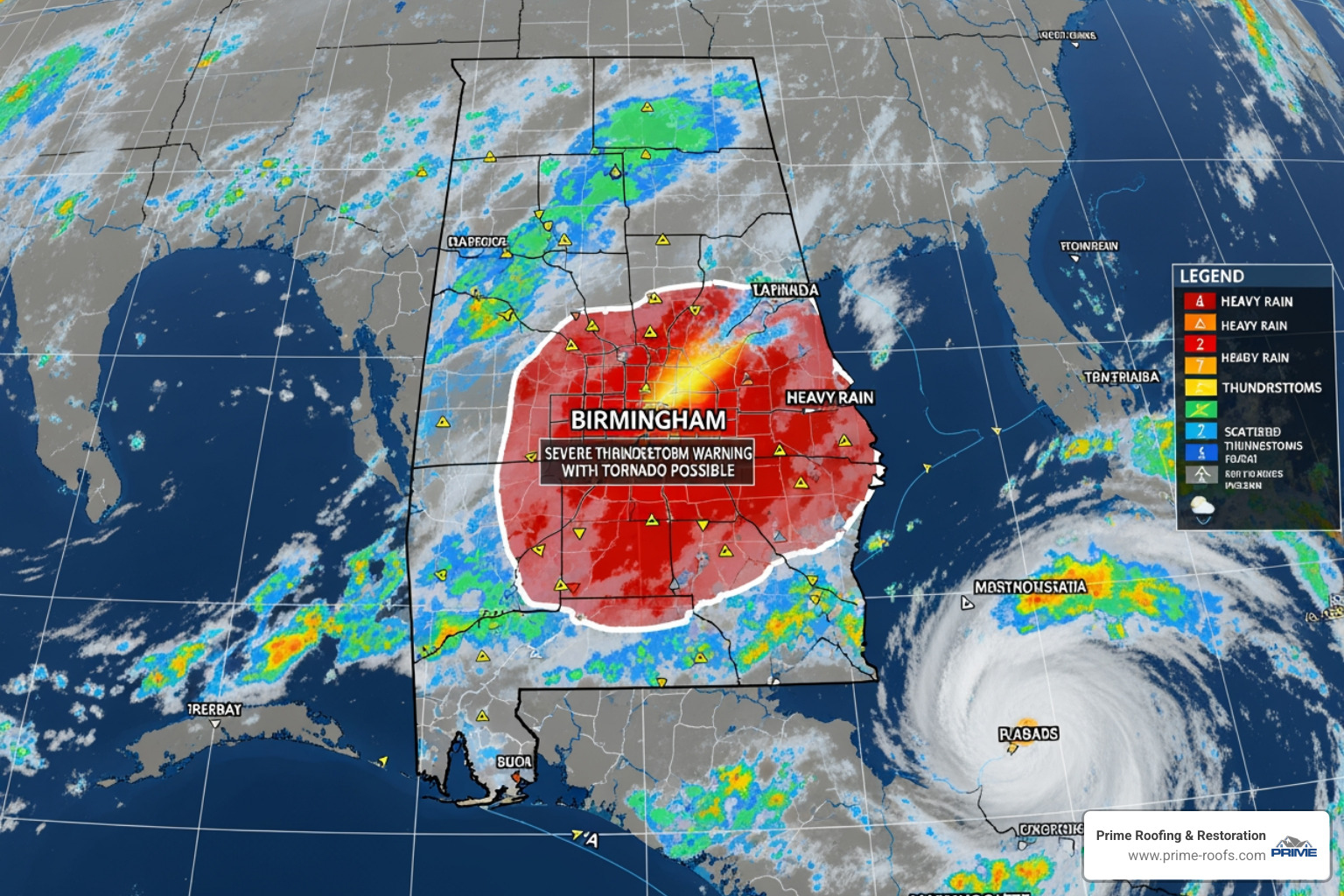 Severe weather map over Alabama, highlighting the Birmingham area - commercial roofers birmingham al Severe weather map over Alabama, highlighting the Birmingham area - commercial roofers birmingham al