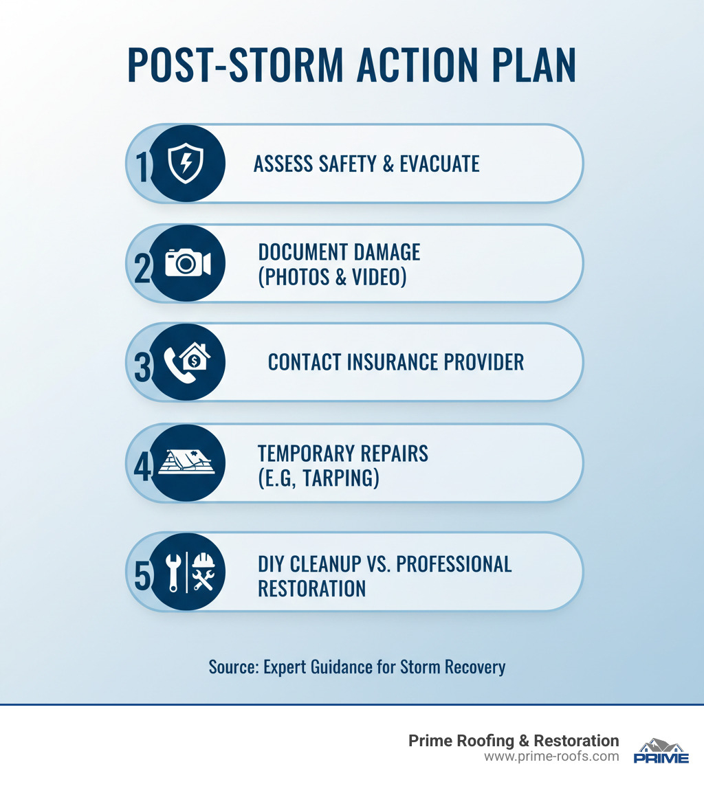 Post-Storm Action Plan infographic showing 5 essential steps: 1. Assess safety hazards and evacuate if needed, 2. Document all damage with photos and video for insurance, 3. Contact your insurance provider immediately, 4. Take temporary measures to prevent further damage like emergency tarping, 5. Decide between DIY cleanup for minor issues or professional restoration for extensive damage - storm damage cleanup infographic 