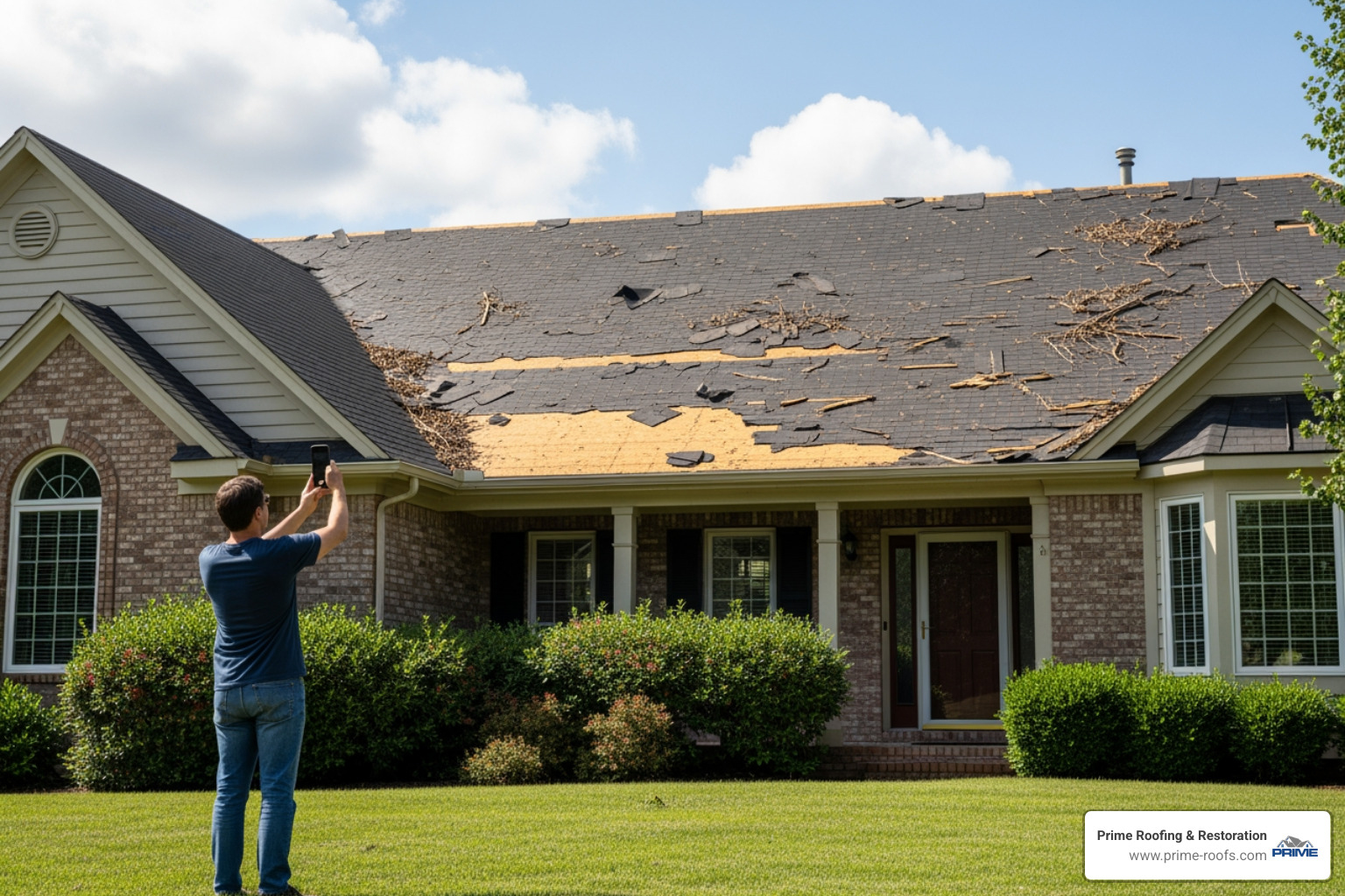 Homeowner safely taking pictures of a damaged roof from the ground - storm damage cleanup