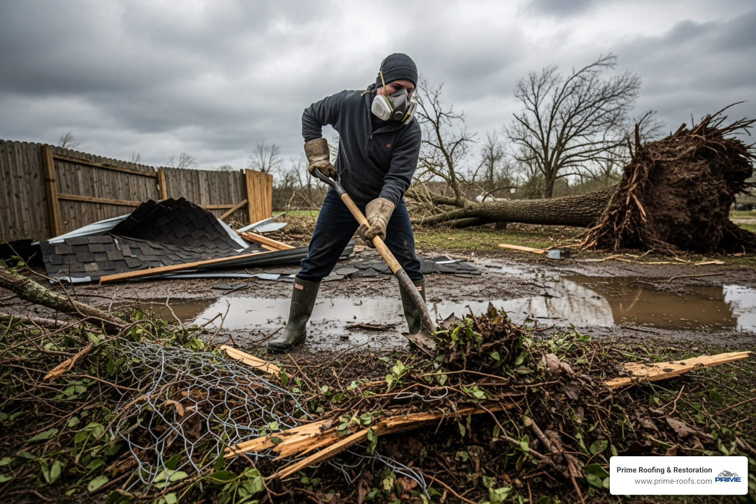 Person wearing full PPE (gloves, mask, boots) while clearing debris - storm damage cleanup