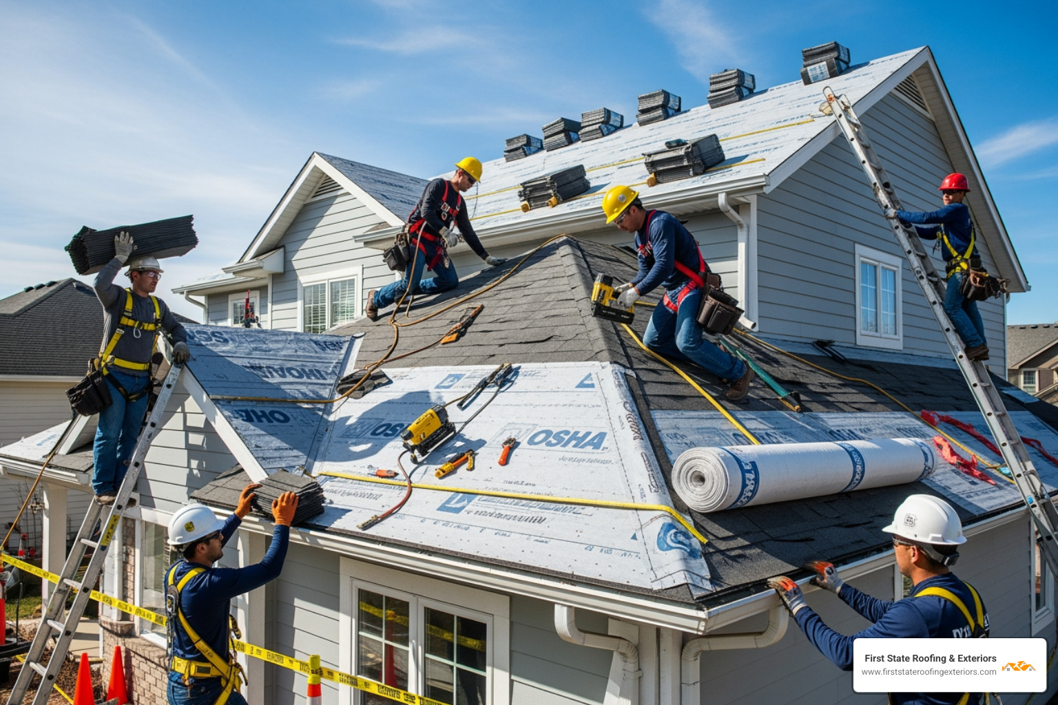 equipo de techadores instalando un nuevo techo de manera segura - compañía de roofing