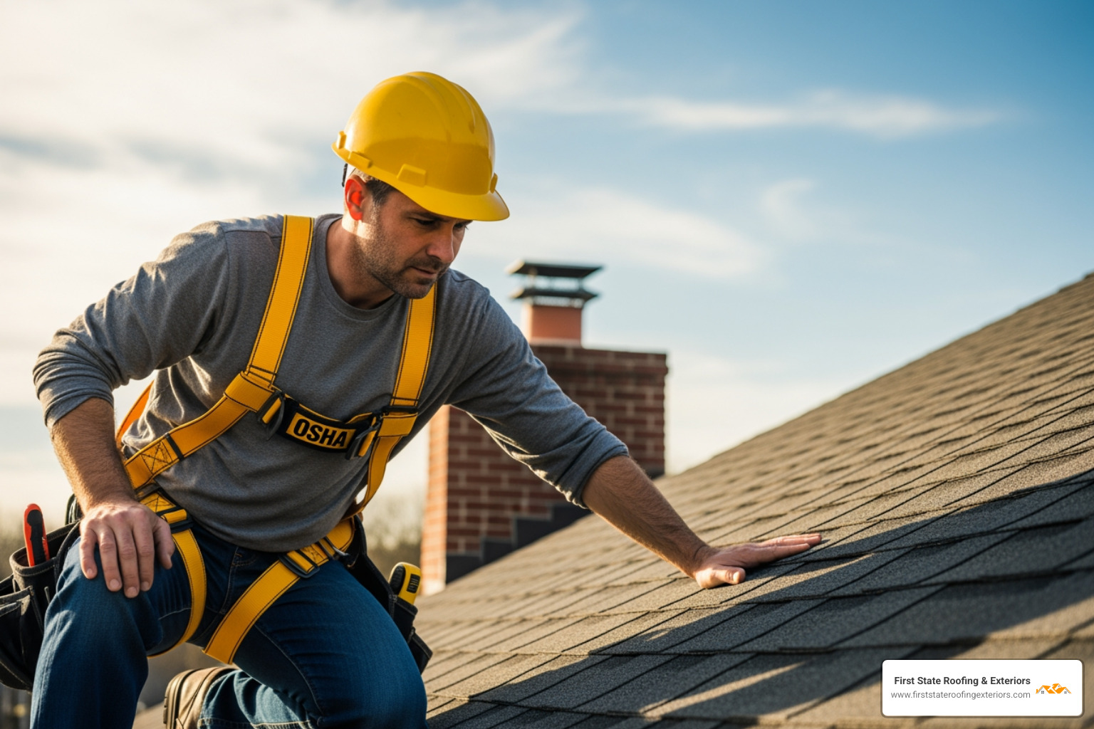 techador profesional con equipo de seguridad inspeccionando un techo - compañía de roofing